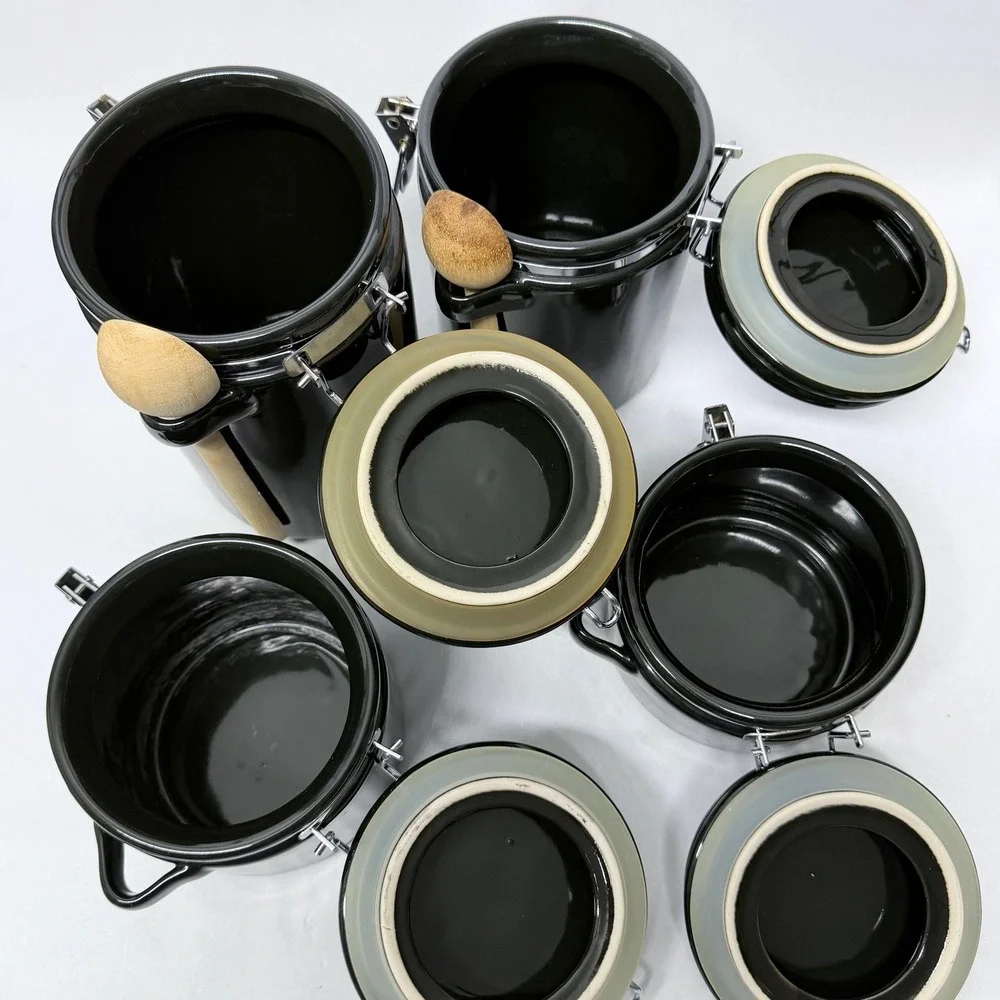 Black Ceramic Canister Set 4 Piece Airtight Locking Lids with Wooden Spoons